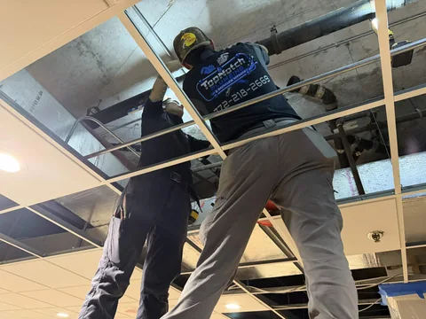 Two Top Notch technicians working on overhead plumbing above an opened drop ceiling