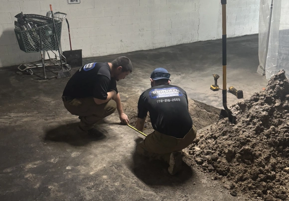 Two construction workers, wearing black company t-shirts, are crouched down in a dimly lit indoor space, possibly a basement or parking garage. They are measuring a newly dug trench in the concrete floor with a yellow tape measure, next to a large pile of excavated dirt and a shovel.