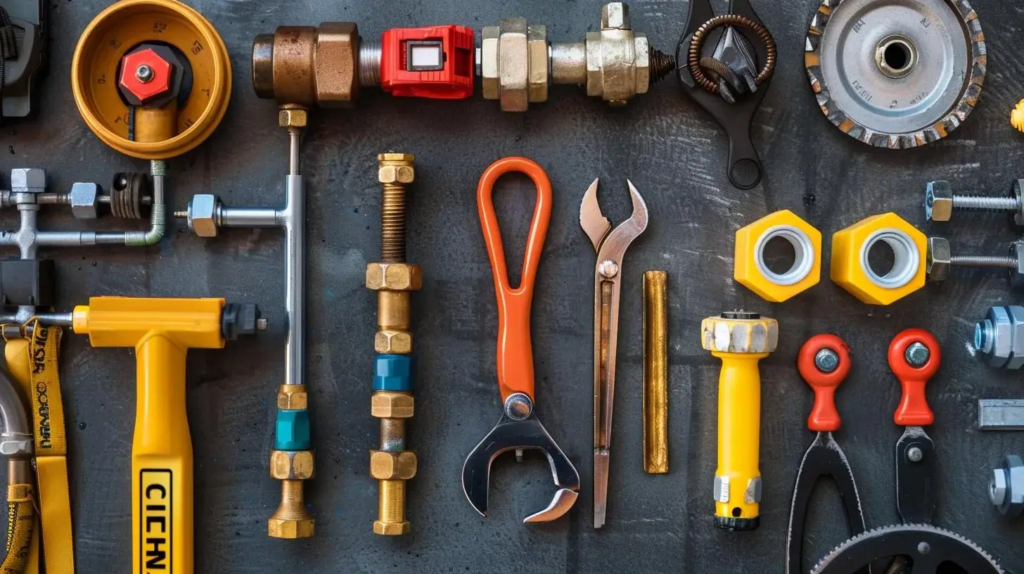 flatlay of professional plumbing tools and testing equipment used for backflow prevention maintenance, shown in an industrial setting.