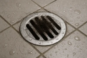 Shower drain with visible hair clog
