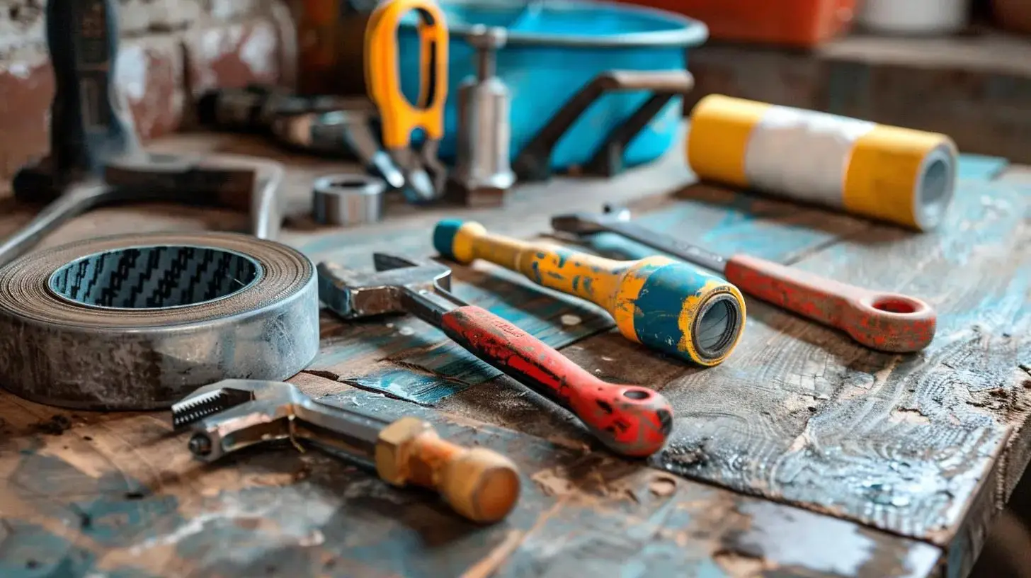 Collection of emergency plumbing tools including drain plugs, waterproof tape, and a portable pump