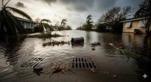 Storm-flooded Florida neighborhood showing submerged drainage systems