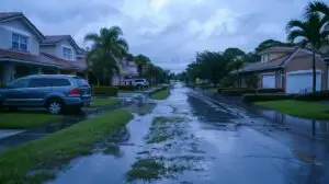 Heavy storm clouds over a Florida neighborhood with visible street flooding