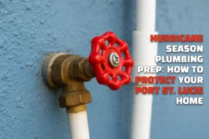 Close-up of a water shutoff valve on a property, showing how to shut off the water supply in case of a storm.