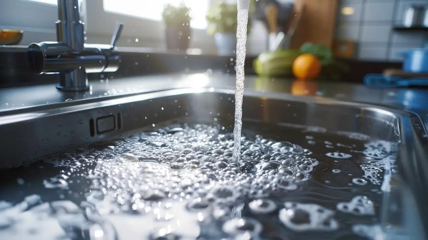 Water pooling in a modern kitchen sink with slow drainage